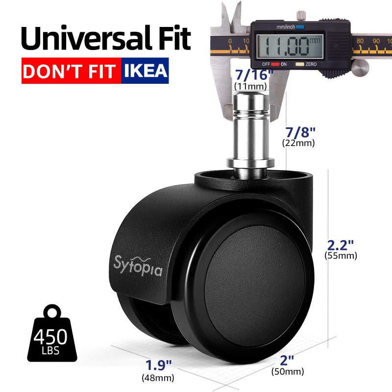 Sytopia Office Chair Wheels, Universal Standard Stem 7/16 inch x 7/8 inch, 2"" Upgraded Quiet Caster Wheels Safe for All Floors Include Hardwood & Carpet, Not for 1KEA, Easy to Install, Set of 5 - Image 2